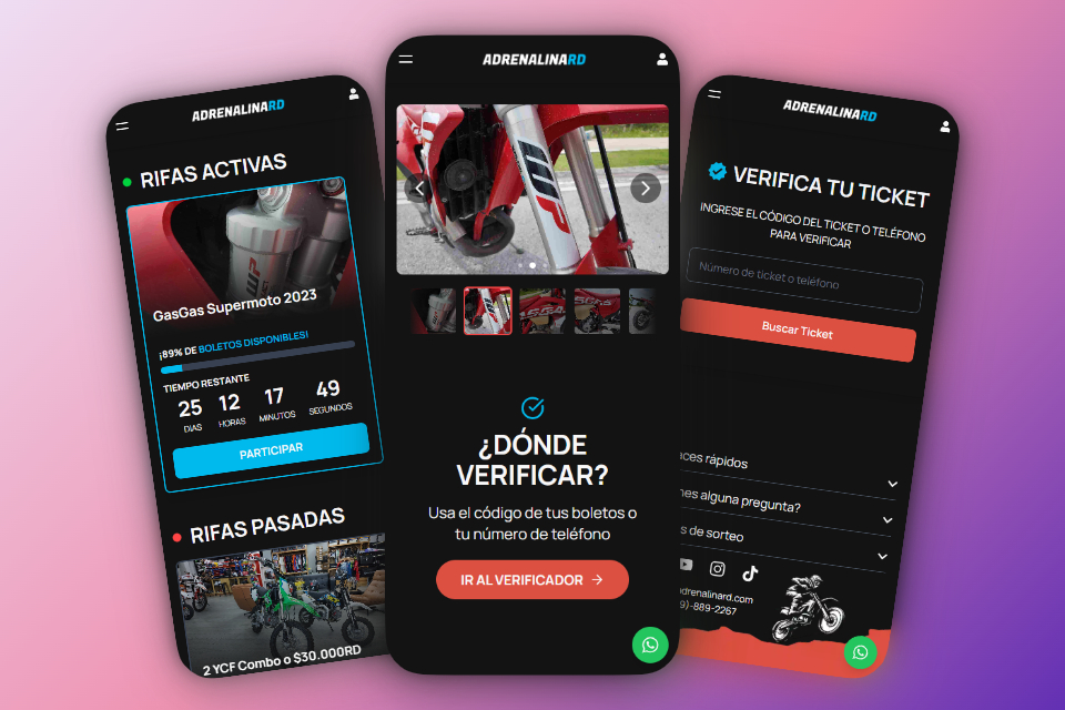 Interfaz de la plataforma de rifas online AdrenaliaRD